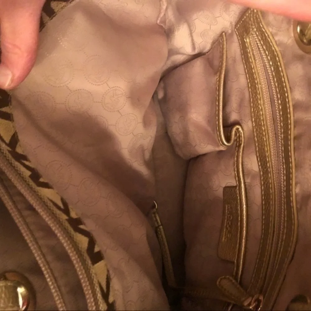 Michael kors signature brown khaki tote bag gold straps